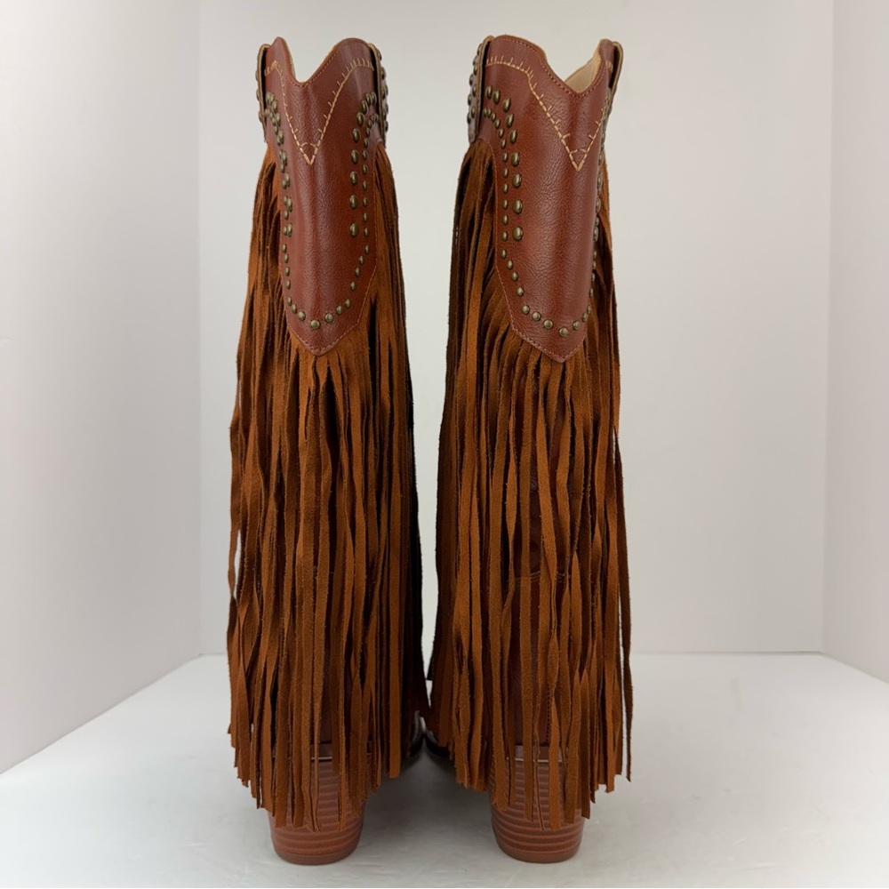 Styleloop size 7 Women’s Tan Faux Leather Studded Fringe Western Cowboy Boots - Picture 7 of 15